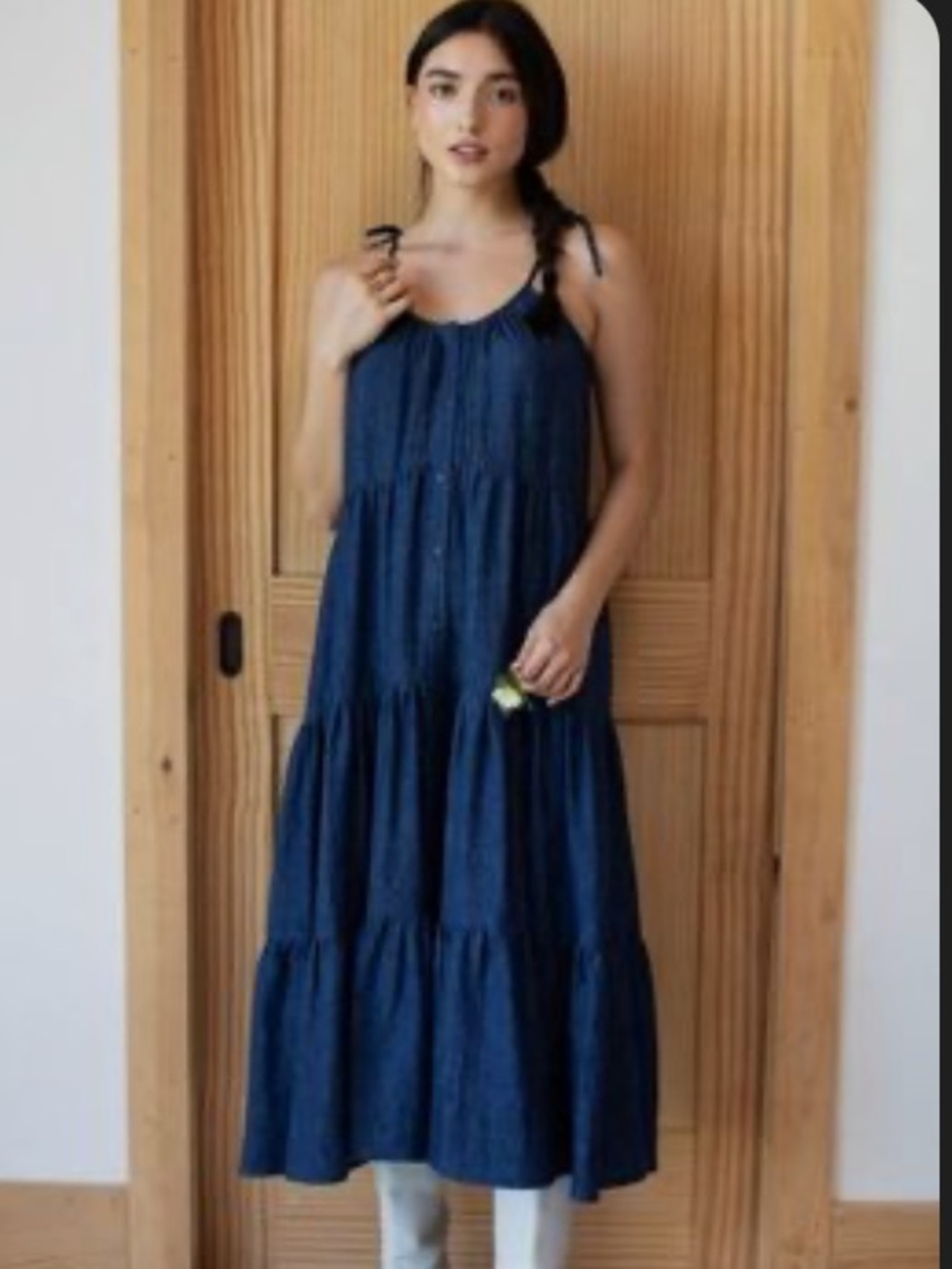 Emerson Fry organic cotton hemp Blue Tiered Maxi Dress with Tie-Strap Shoulders